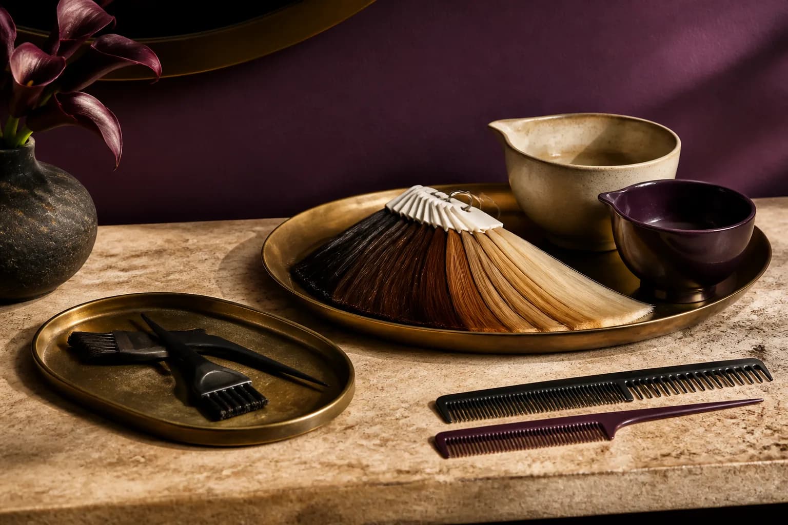Herramientas de color y muestras de cabello preparadas en el estudio.