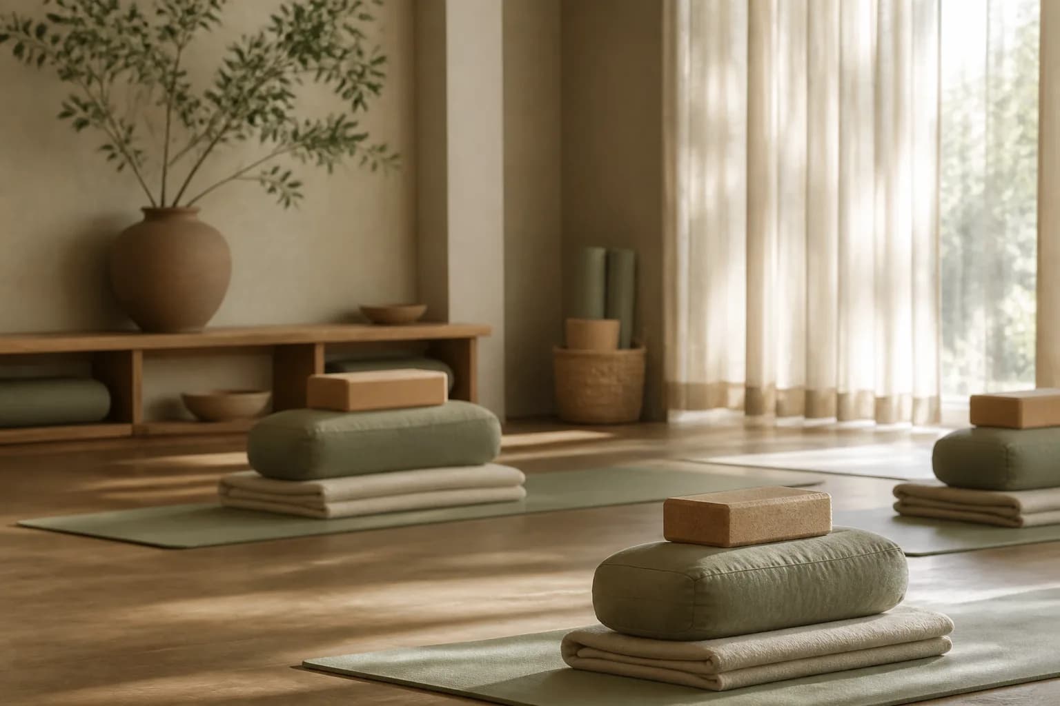 Sala serena preparada con mats, mantas y soportes para una práctica guiada.