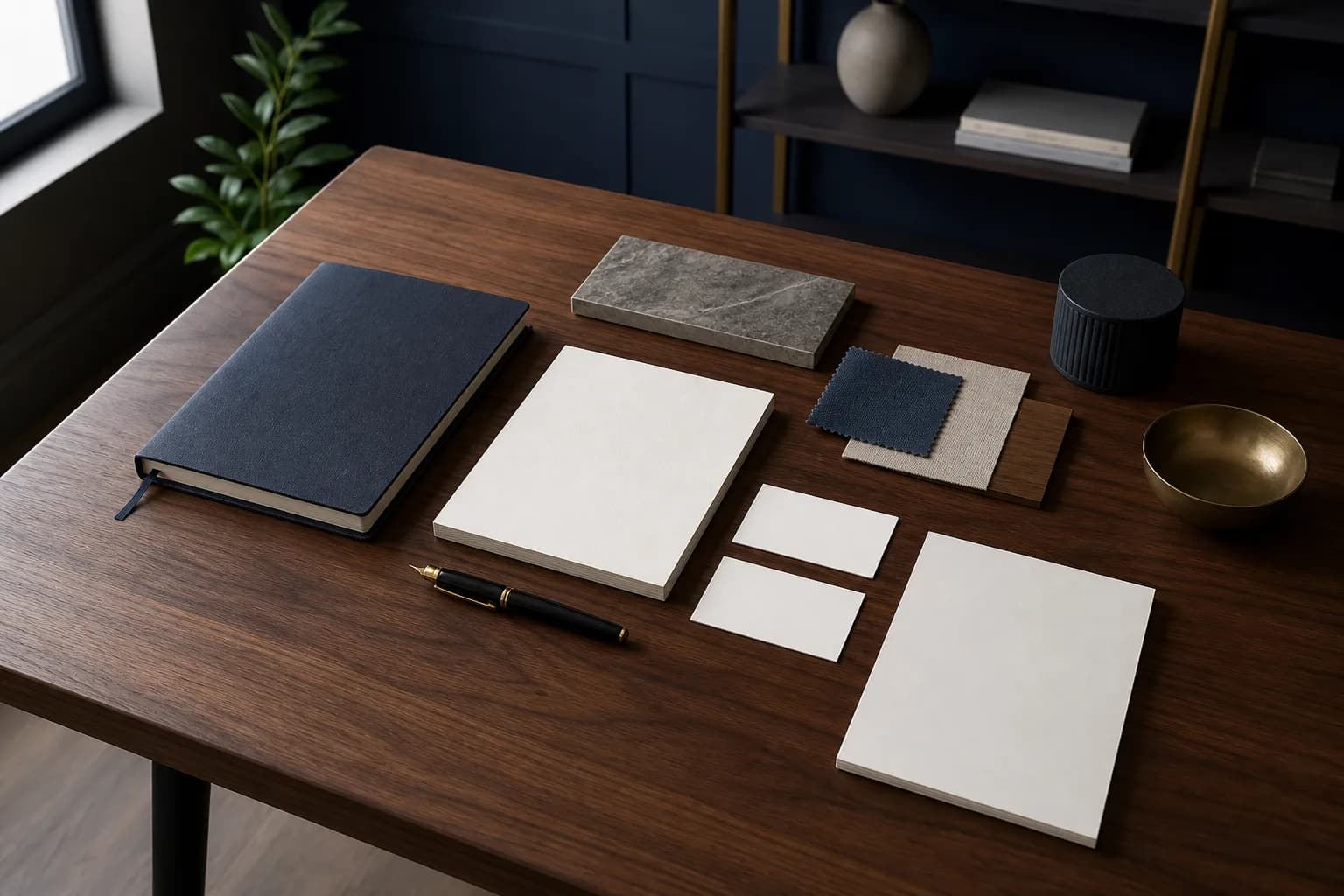 Mesa de estrategia preparada con cuadernos, tarjetas y muestras de material.