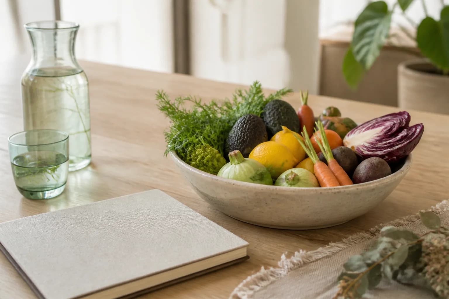 Mesa de consulta con alimentos frescos y materiales de planificación.